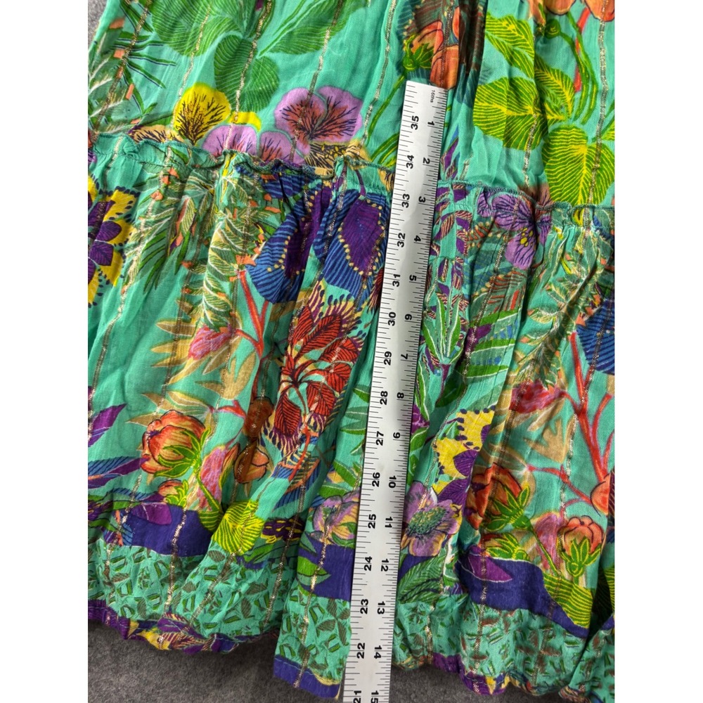 Me 2 Magic Floral Maxi Dress Green Tropical Gold Metallic Boho Smocked Womens S - Picture 6 of 7